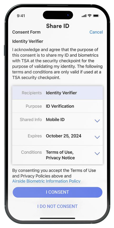 Airside App share screen for sharing digital identity information