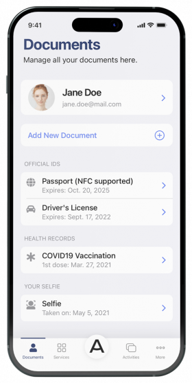 Airside Digital Identity App passport, license, and COVID 19 vaccination record screen