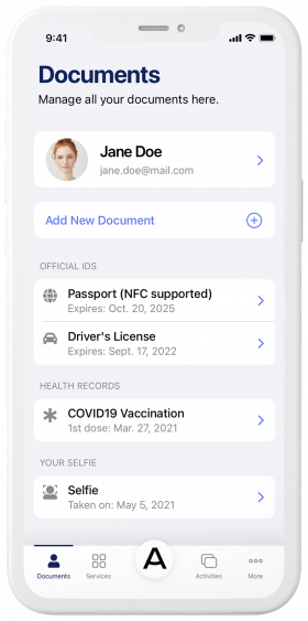 Airside Digital Identity App passport, license, and COVID 19 vaccination record screen